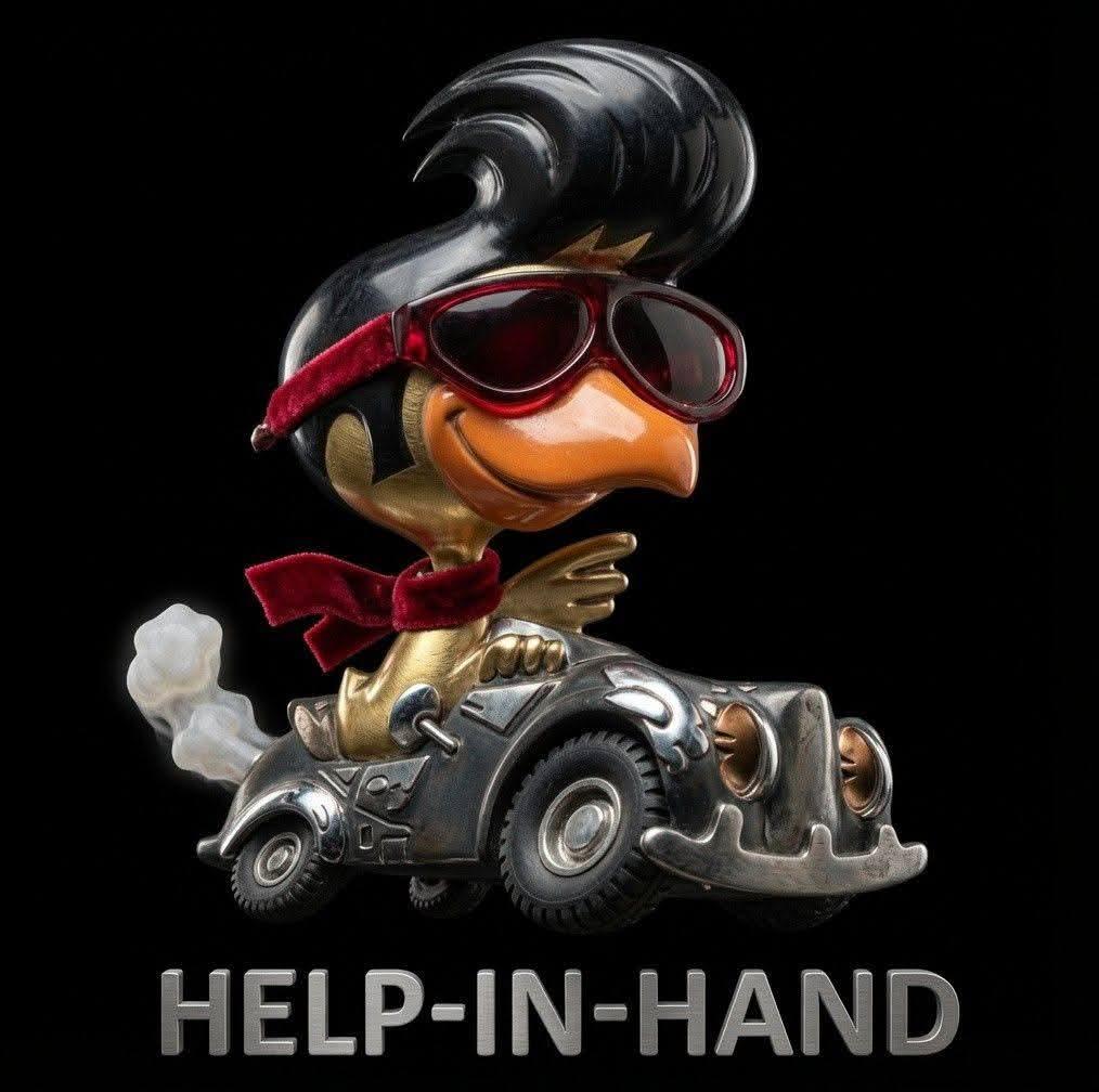 Help-In-Hand mascot, a driver in red sunglasses and a red scarf at the wheel of a chrome car